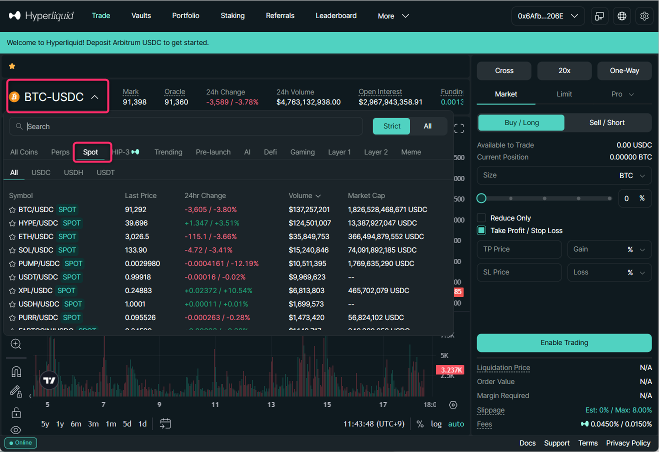 Trade画面でSpotタブを開く