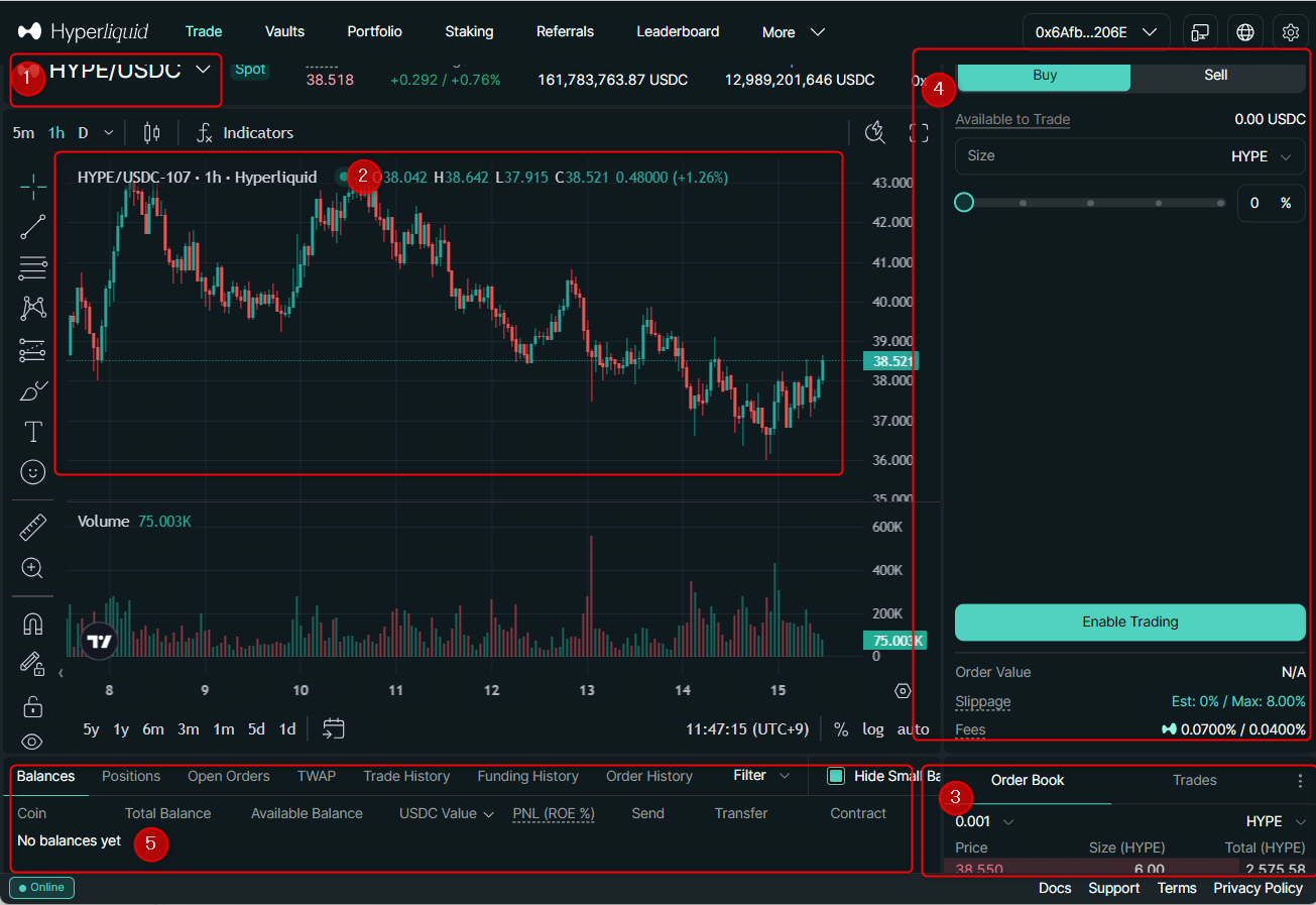 Hyperliquid(ハイパーリキッド)の使い方：トレード画面編