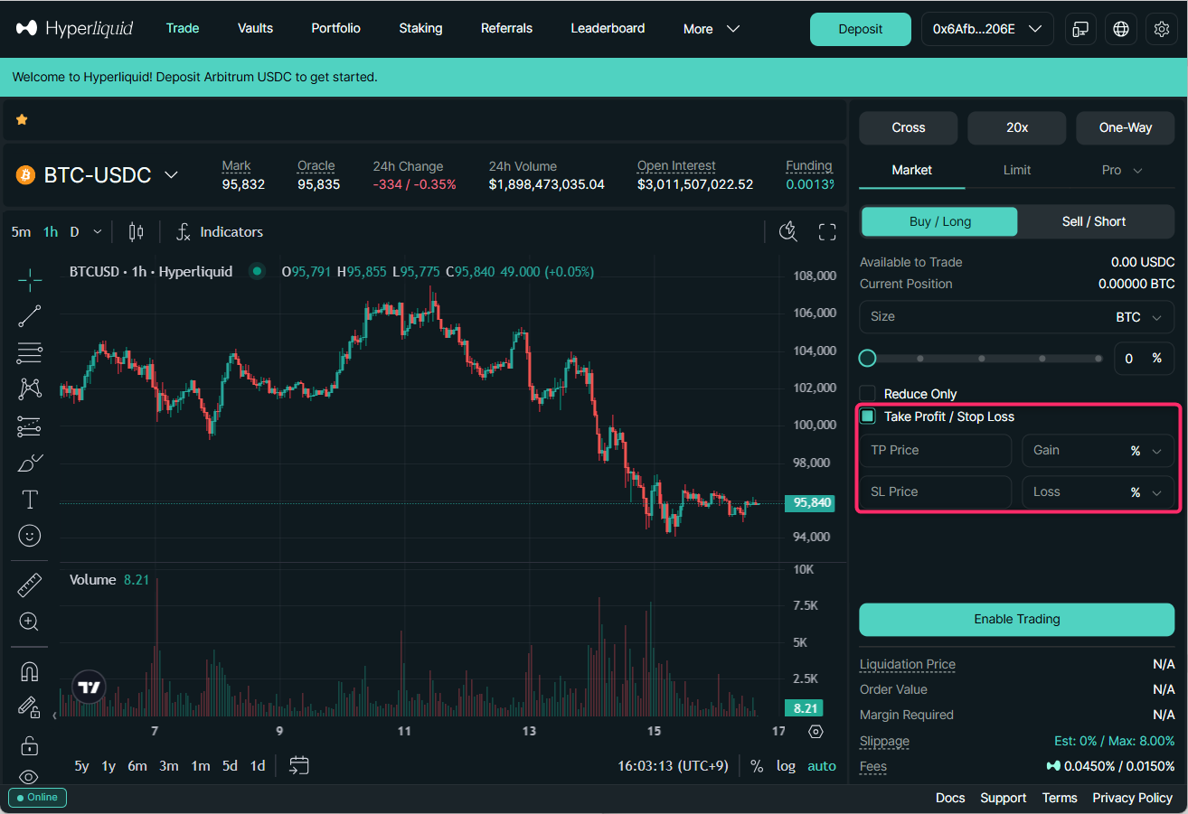 TakeProfit・StopLossの価格（または%）を入力する