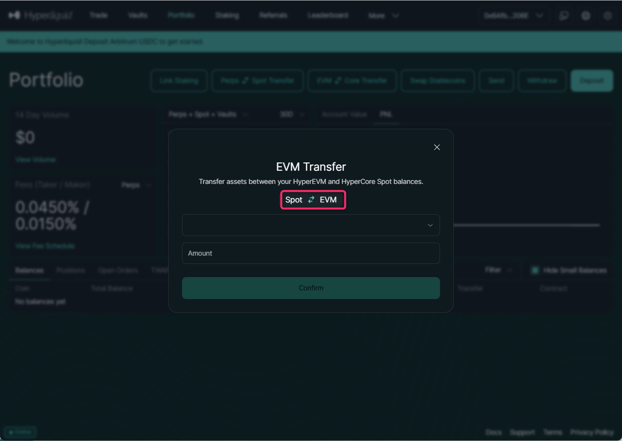 EVM ↔ Spot Transferパネルを開く