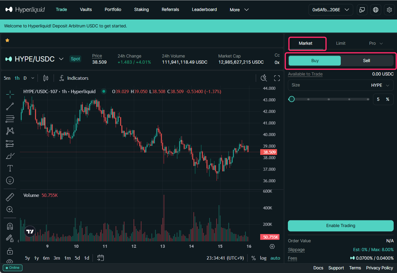 Marketタブと方向を選択
