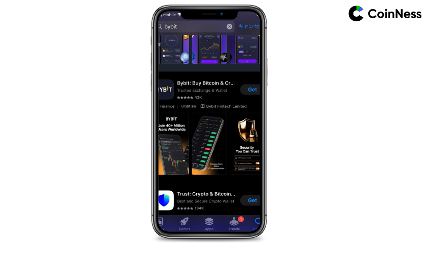 米国App Storeで『bybit』を検索した結果、Bybitアプリが表示されているiPhone画面
