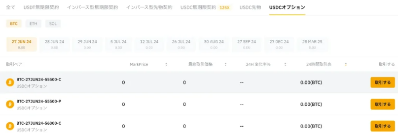 BybitのUSDCオプション画面におけるBTCのオプション取引一覧
