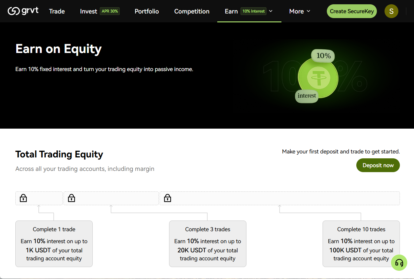 Earn on Equityプログラムを提供しており取引口座の残高に利回りを付与している