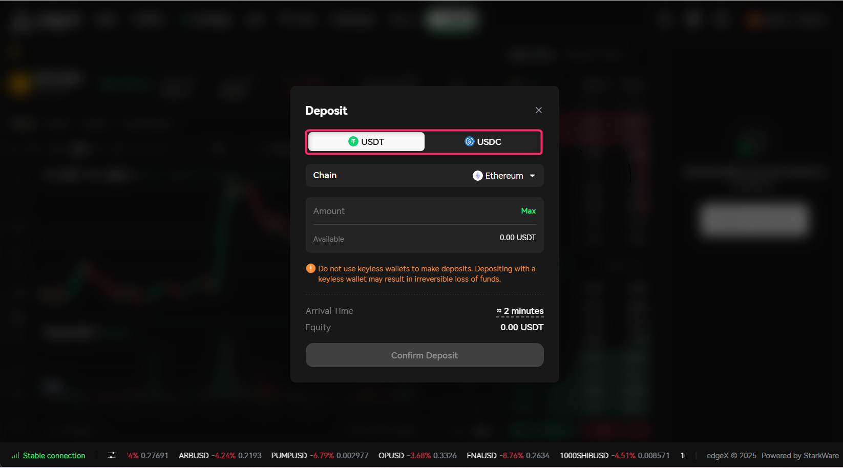 「USDT」または「USDC」をクリック