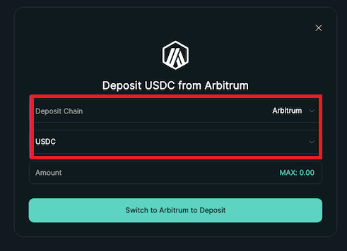 HyperliquidでUSDC入金ネットワークを選択する画面