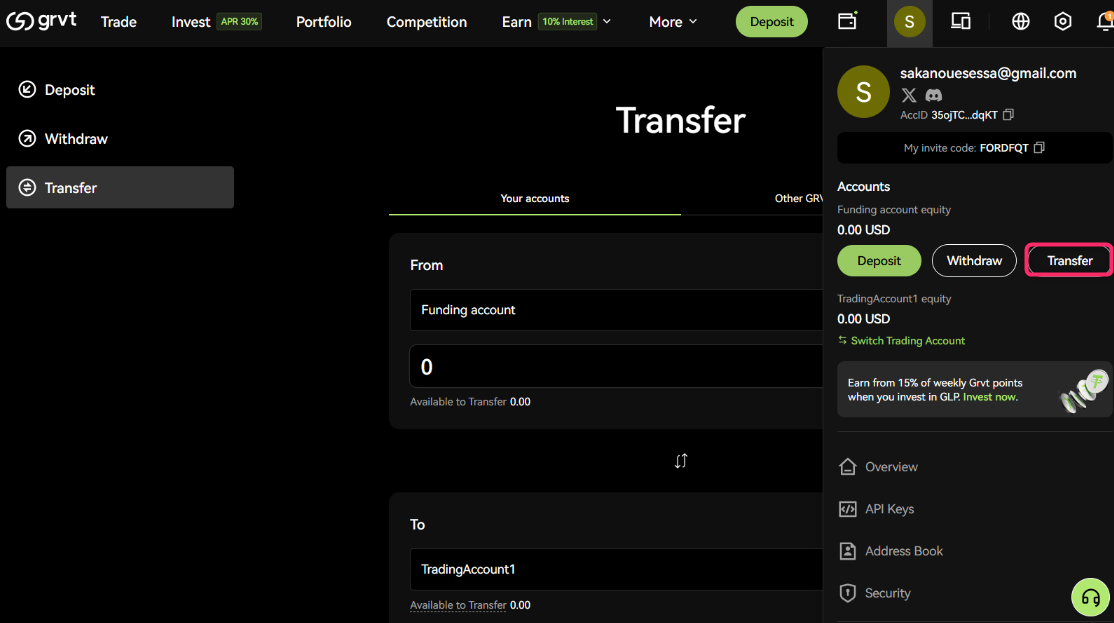 入金画面から「Transfer assets」を開く