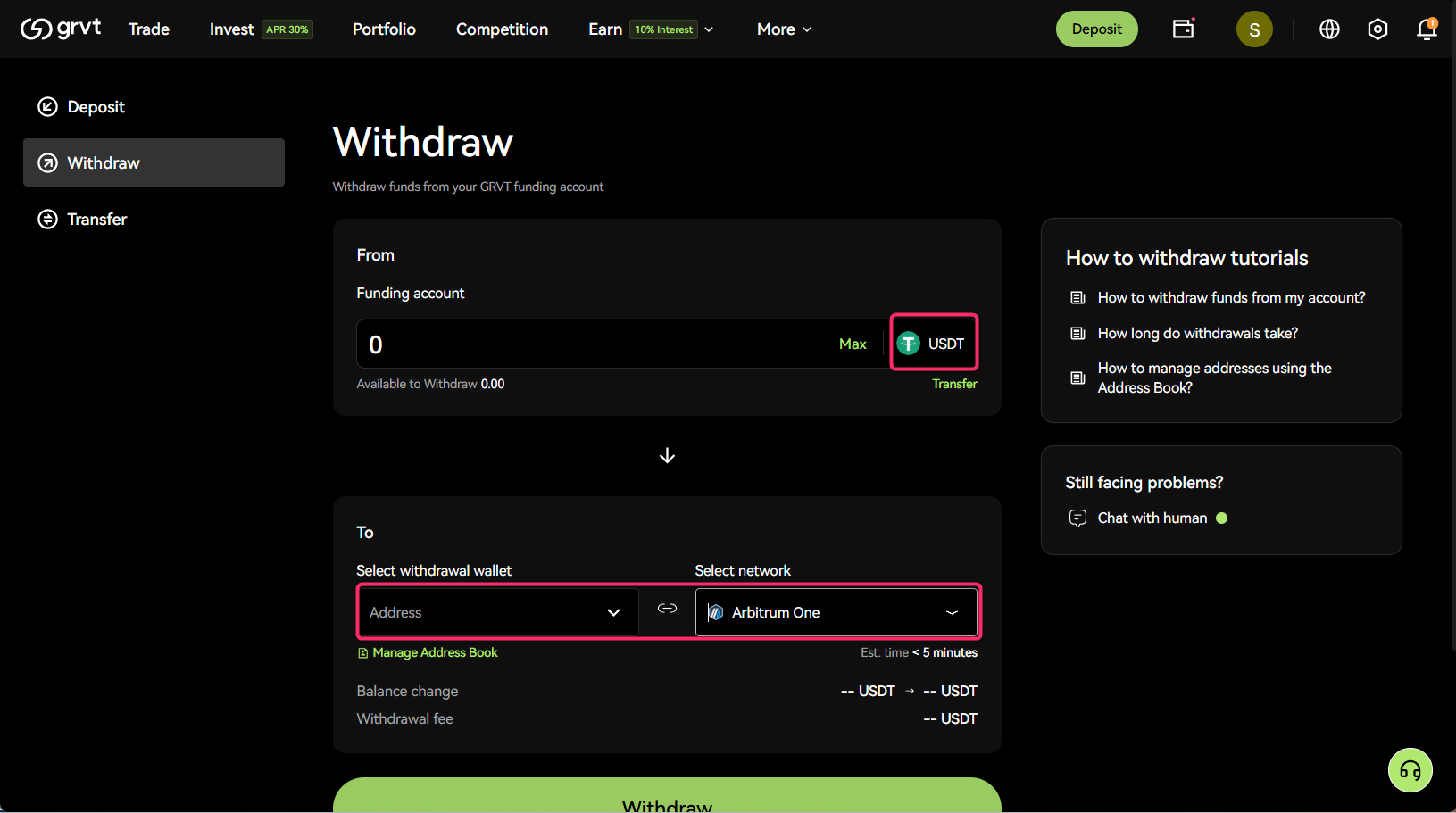出金通貨・出金先ウォレット・ネットワークを選択する