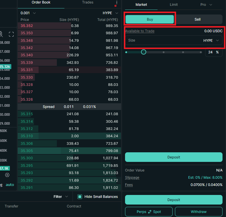 HyperliquidでHYPEを購入する際のBuy注文パネル画面
