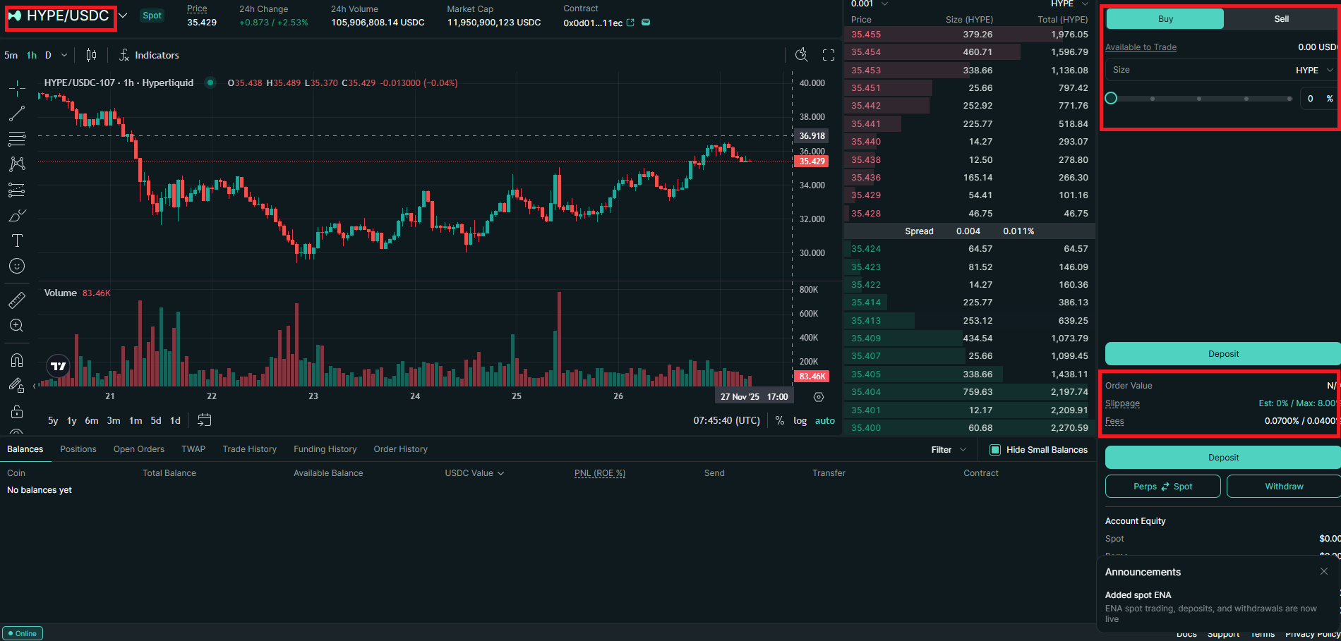 HyperliquidのHYPE取引画面。注文パネルとチャート、板情報が表示されている。