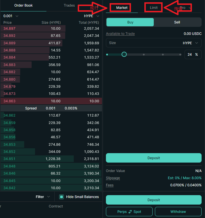 HyperliquidのHYPE/USDC取引画面。チャートと注文板、買い注文パネルが表示されている。