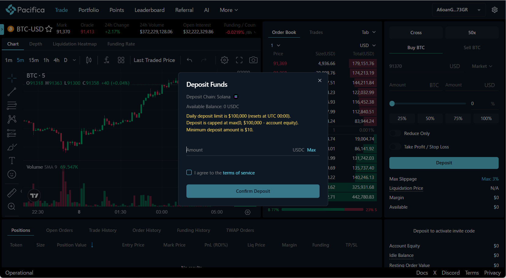 Solanaチェーンと入金額(USDC)を確認する