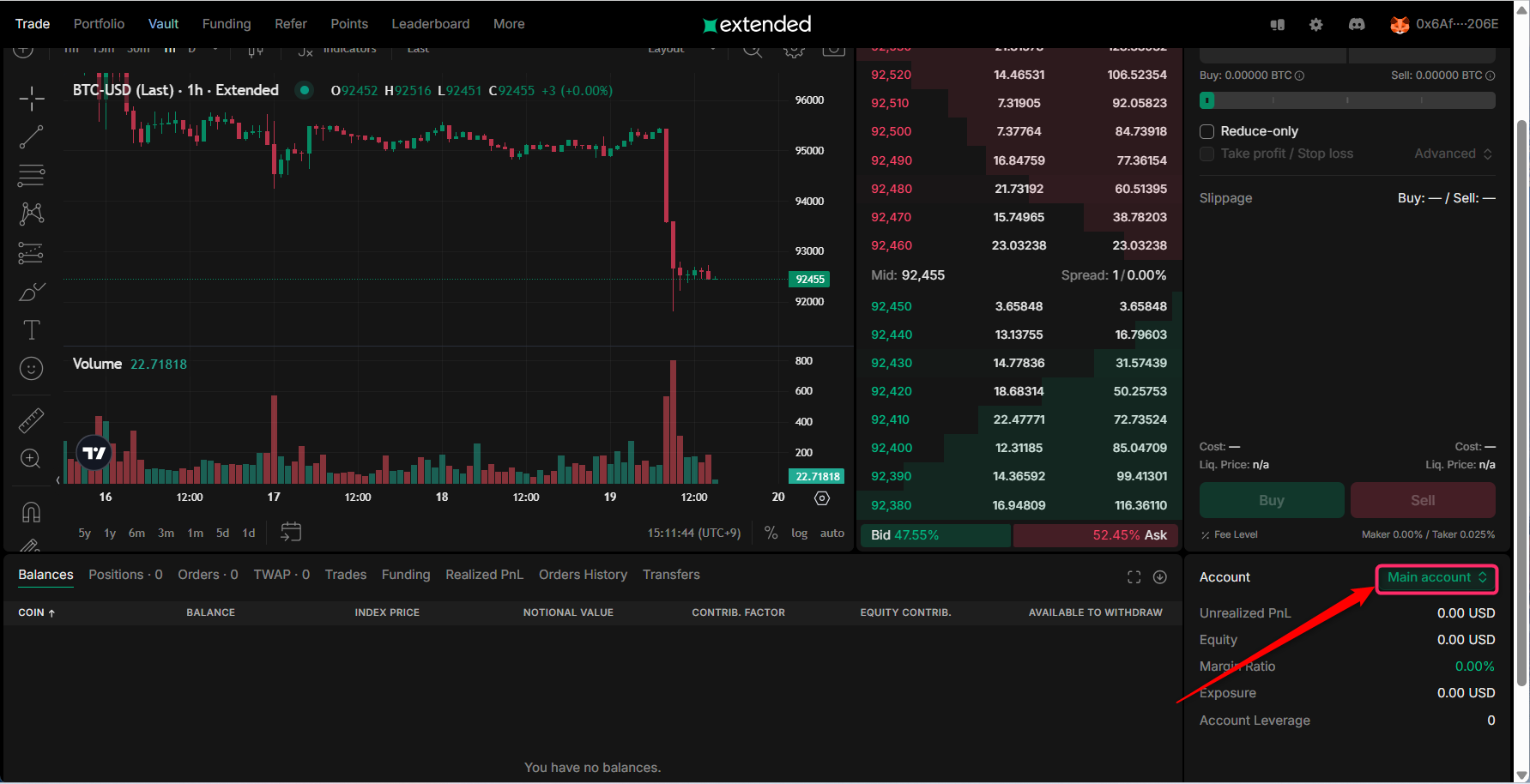 Trade（取引）画面でサブアカウントを選ぶ