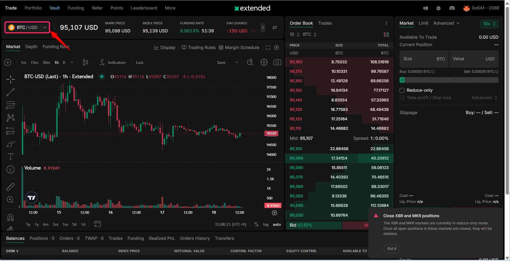 左上の銘柄名（BTC/USD）をクリック