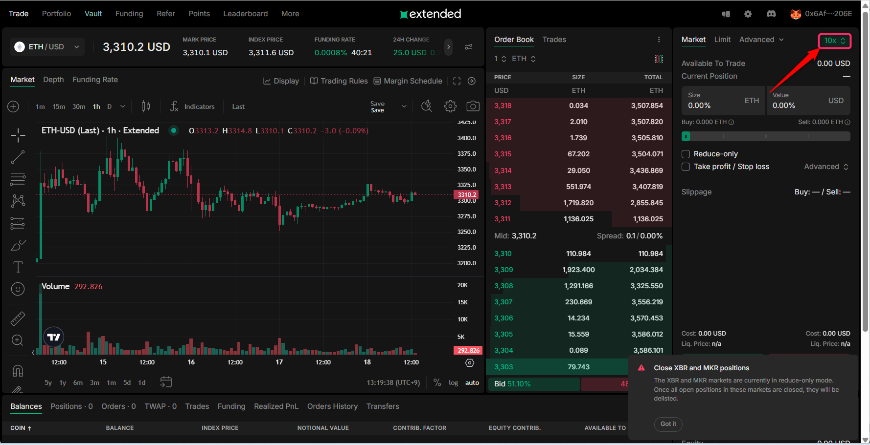 レバレッジ表示（例：10x）を開く