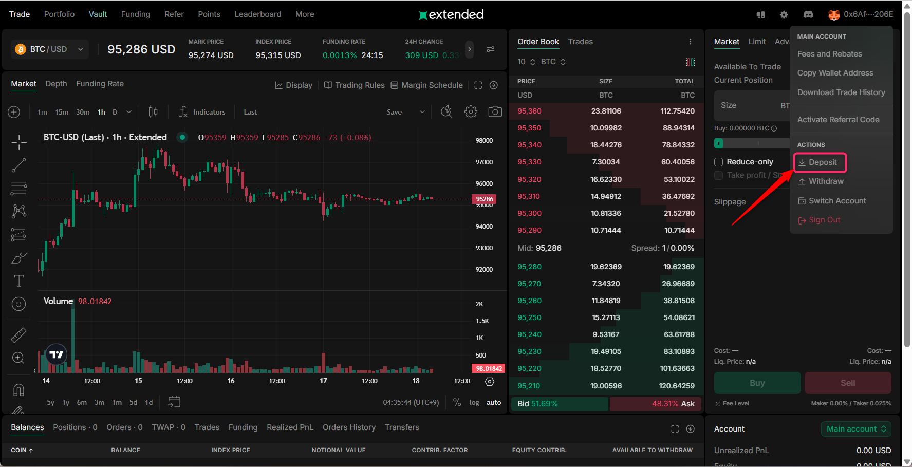 アカウントメニューから「Deposit」を開く