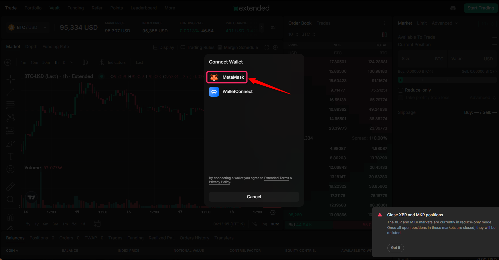 ウォレット接続で「MetaMask」を選択する