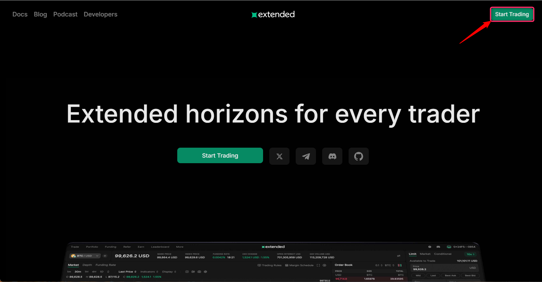 公式サイトを開き「Start Trading」を押す