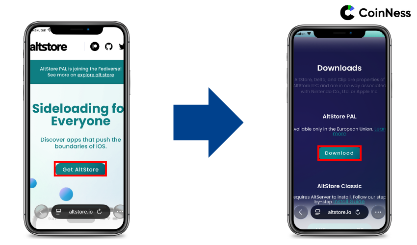 AltStore公式サイトを開き、AltStore PALのダウンロードへ進む