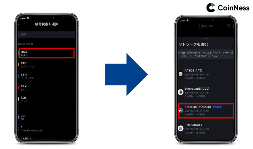 「オンチェーン入金」を選択し「ネットワーク」を選択する