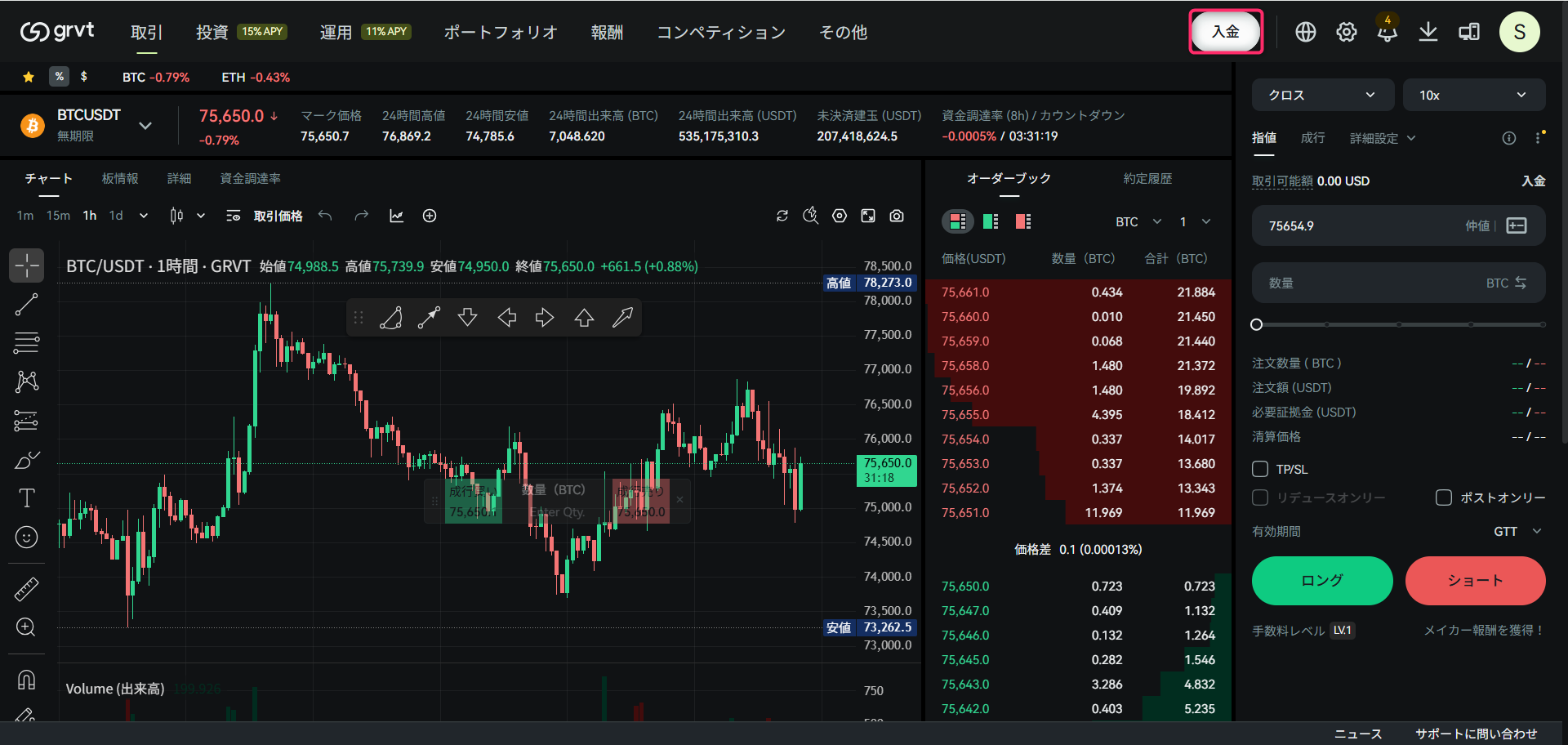 取引画面を開いたら右上の「入金」をクリックする