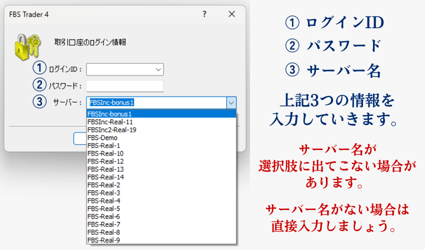 FBS MT4/MT5のログイン情報を入力