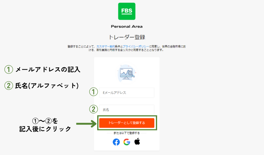 STEP②口座開設フォームにメールアドレスと氏名を入力