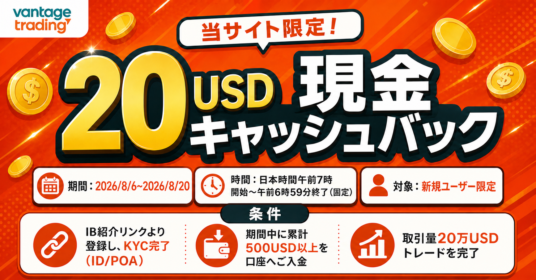 VantageTradingの20USD現金キャッシュバック（当サイト限定）